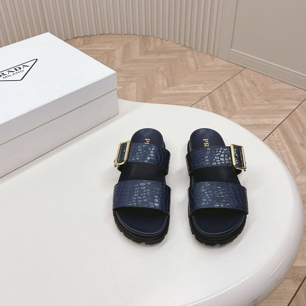 SANDALI CIABATTE PRA CON MOTIVO COCCODRILLO IN PELLE DI VITELLO BLU MARINO