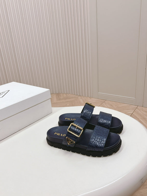 SANDALI CIABATTE PRA CON MOTIVO COCCODRILLO IN PELLE DI VITELLO BLU MARINO
