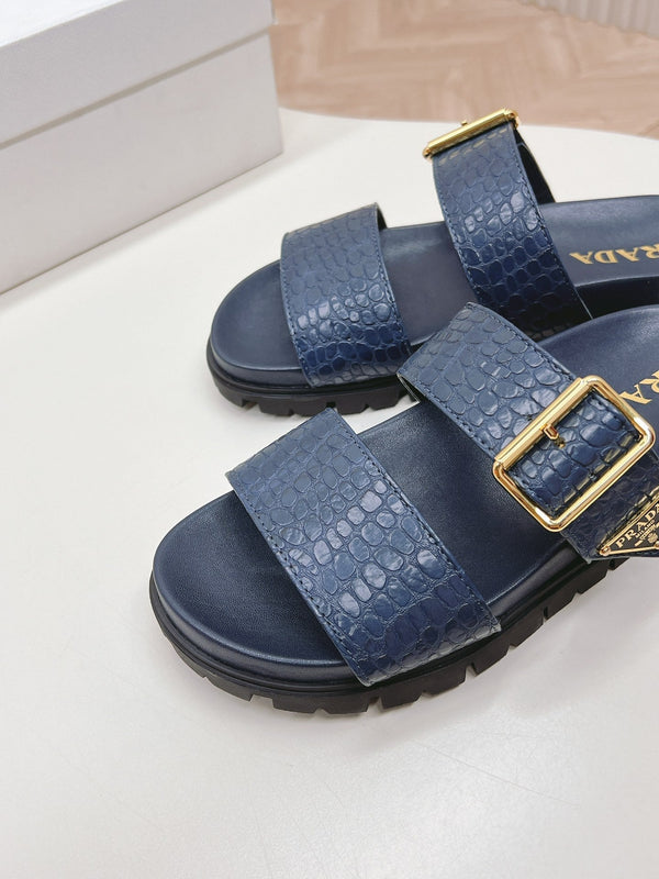 SANDALI CIABATTE PRA CON MOTIVO COCCODRILLO IN PELLE DI VITELLO BLU MARINO