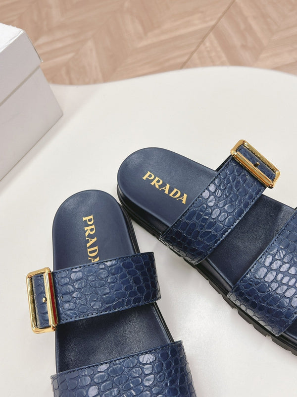 SANDALI CIABATTE PRA CON MOTIVO COCCODRILLO IN PELLE DI VITELLO BLU MARINO
