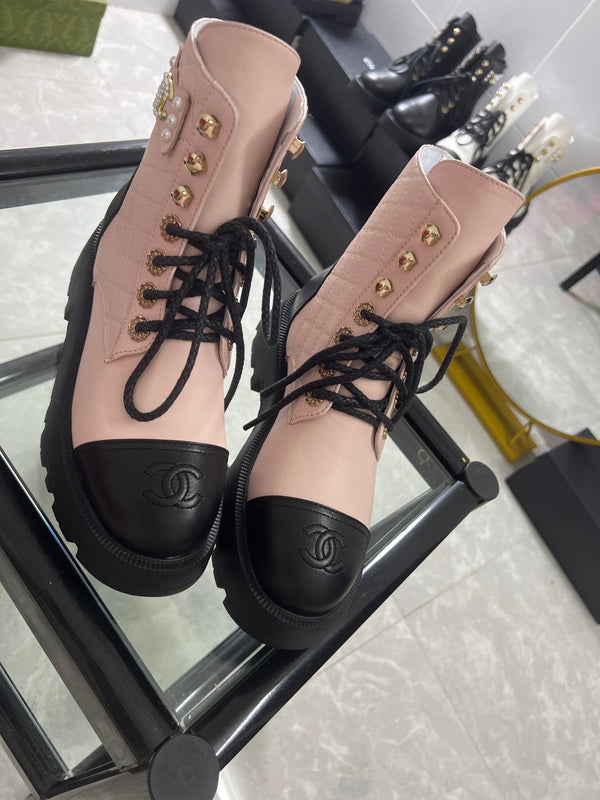 CC Combat Boots Pastel Pink Black Quilted Lambskin 944573