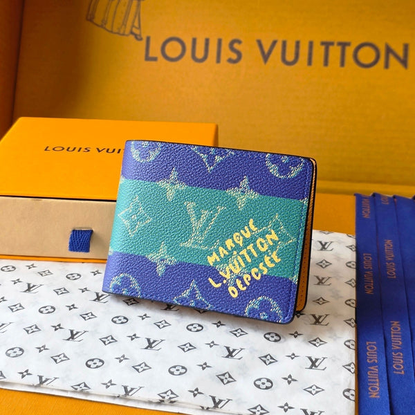LV M25795 Portafoglio multiplo in pelle di vacchetta blu scuro verde acqua