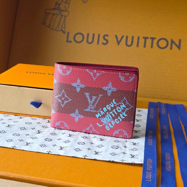 LV M25795 Portafoglio multiplo in pelle di vacchetta rossa e nera