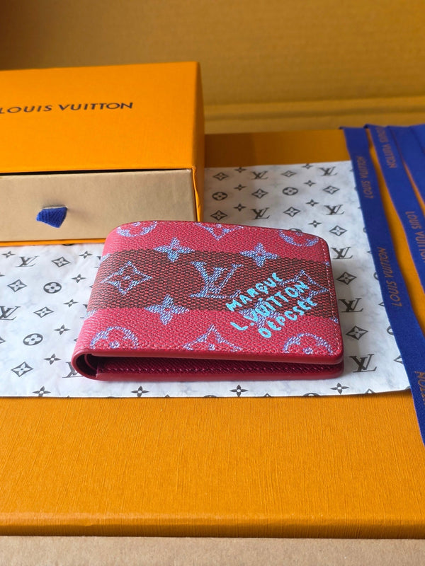 LV M25795 Portafoglio multiplo in pelle di vacchetta rossa e nera