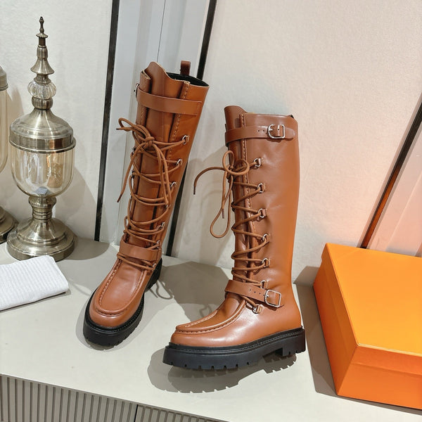 HM Lace Up Boots 25mm Belt Buckle Caramel Leather 466586