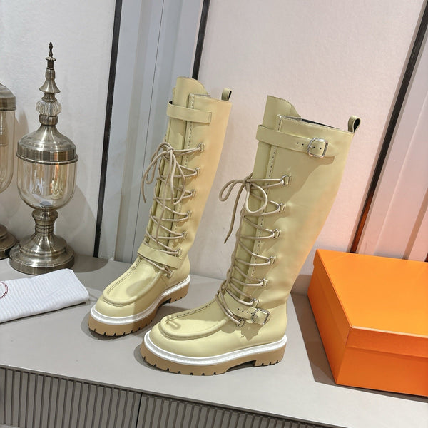 HM Lace Up Boots 25mm Belt Buckle Yellow-beige Leather 466587