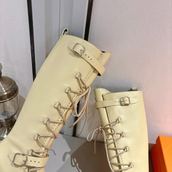HM Lace Up Boots 25mm Belt Buckle Yellow-beige Leather 466587