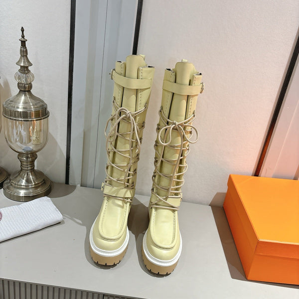 HM Lace Up Boots 25mm Belt Buckle Yellow-beige Leather 466587