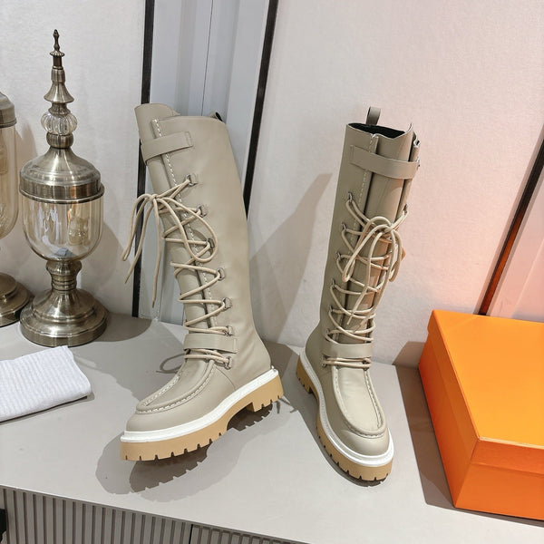 HM Lace Up Boots 25mm Belt Buckle Pale Khaki Leather 466588