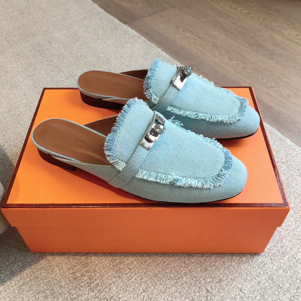 HM OZ Mule Denim Blu Pelle di Vacchetta 756854