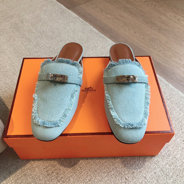HM OZ Mule Denim Blu Pelle di Vacchetta 756854