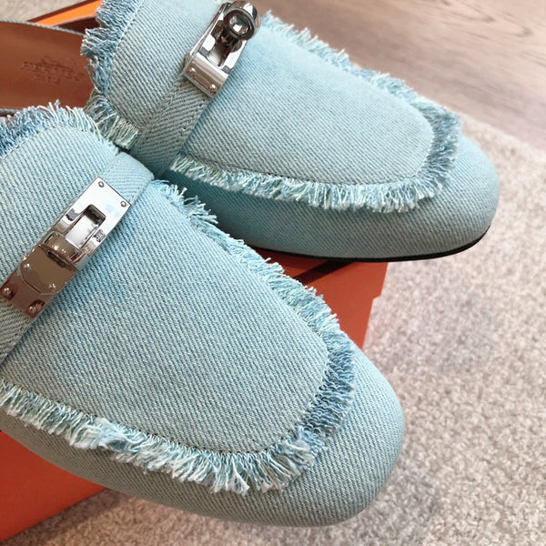 HM OZ Mule Denim Blu Pelle di Vacchetta 756854