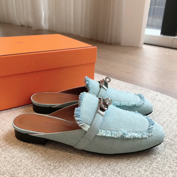HM OZ Mule Denim Blu Pelle di Vacchetta 756854