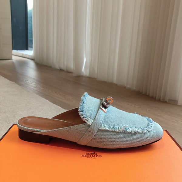 HM OZ Mule Denim Blu Pelle di Vacchetta 756854