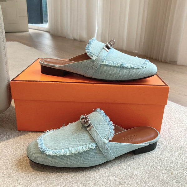 HM OZ Mule Denim Blu Pelle di Vacchetta 756854