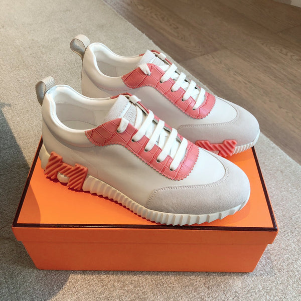 HM Bouncing Sneakers White Pink Suede Embossed Sheepskin 705791