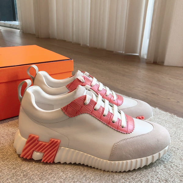 HM Bouncing Sneakers White Pink Suede Embossed Sheepskin 705791