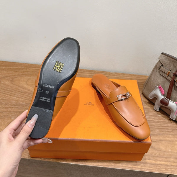 HM 26s Kelly Mule In Tan Brown Calfskin Silver Hardware