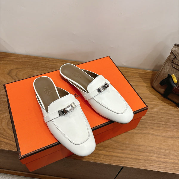 HM 26s Kelly Mule In White Calfskin Silver Hardware