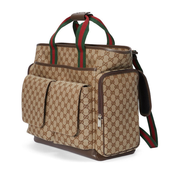 BORSA PER PANNOLINI 40 CON RETE IN TELA BEIGE ED EBANO MIX BROWN IN PELLE DI VITELLO
