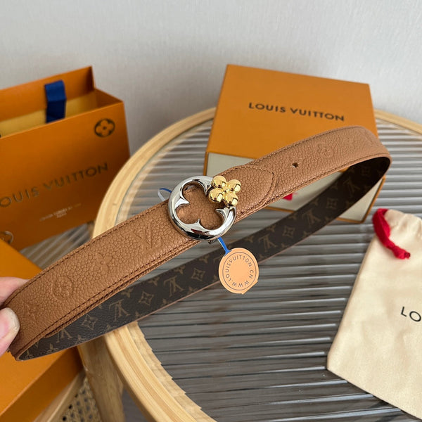 LV Flowergram Round 30mm Reversible Belt Brown Empreinte Calfskin