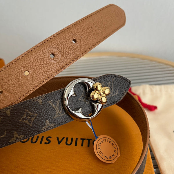 LV Flowergram Round 30mm Reversible Belt Brown Empreinte Calfskin