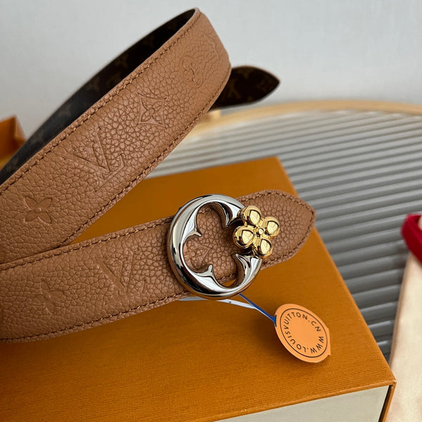 LV Flowergram Round 30mm Reversible Belt Brown Empreinte Calfskin