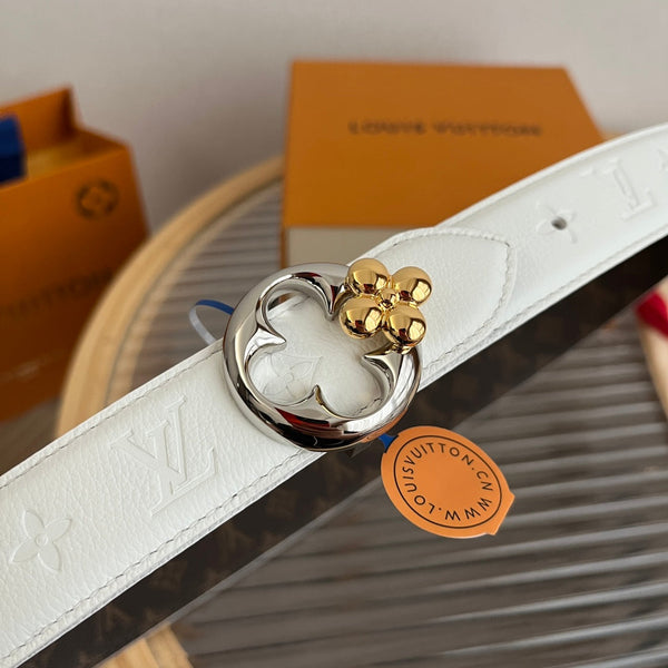LV Flowergram Round 30mm Reversible Belt White Brown Empreinte Calfskin