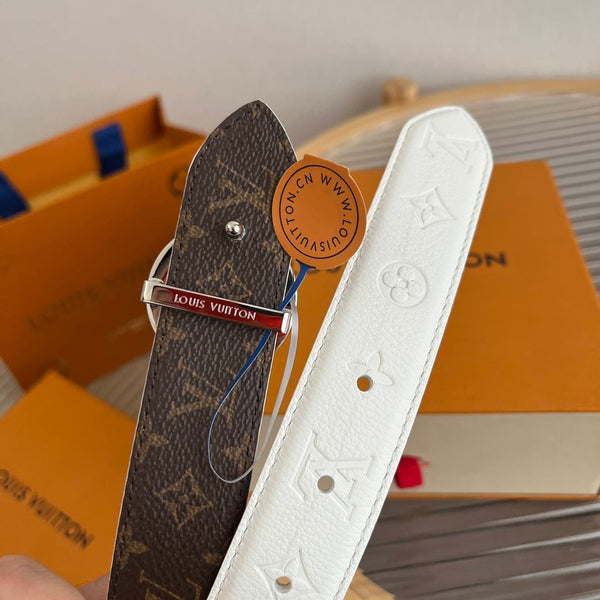 LV Flowergram Round 30mm Reversible Belt White Brown Empreinte Calfskin
