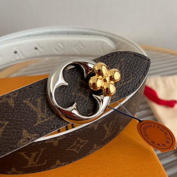 LV Flowergram Round 30mm Reversible Belt White Brown Empreinte Calfskin