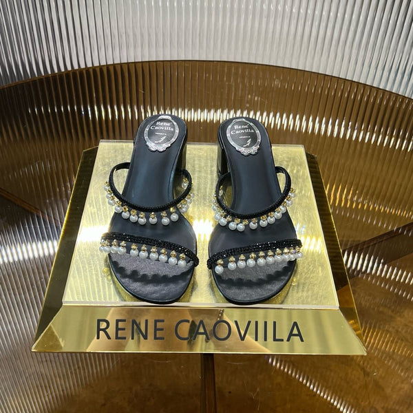 RC Gold Buckle Pearl Crystal Lamp Pendant Sandals 4.5 Black Sheepskin 175004