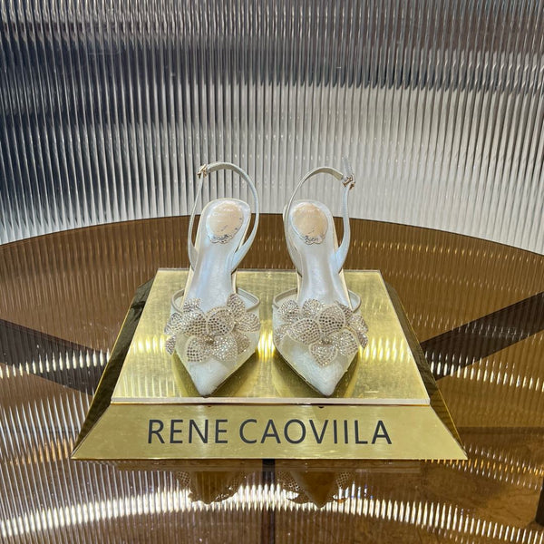 RC 25C Flower-Studded Diamond High-Heeled Sandals Beige Sheepskin 174917