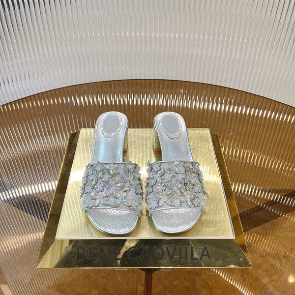 RC 25 Butterfly Flower Rhinestone Satin Sandals Silver Sheepskin 242919