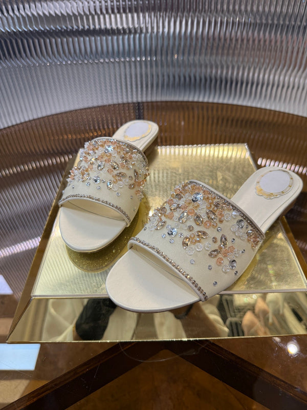 RC 25C Butterfly Flower Sandals Slippers Light Gold Sheepskin Rhinestone 275766