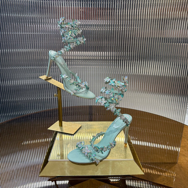 RC 25C Sandali con fiori a farfalla in pelle di pecora verde con strass 310659