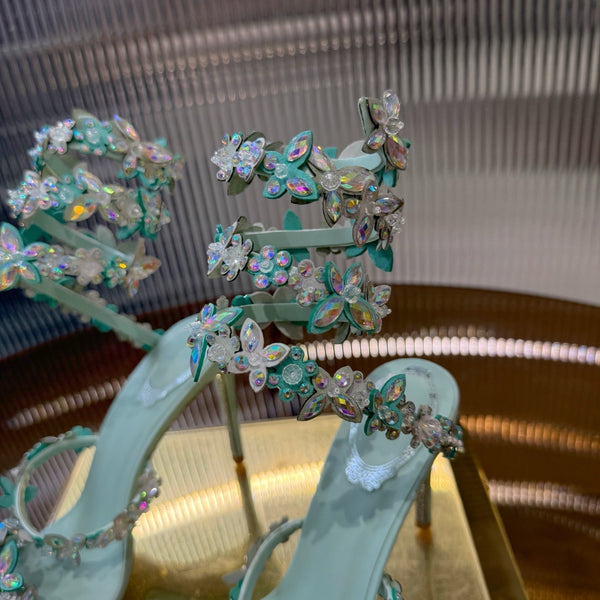 RC 25C Sandali con fiori a farfalla in pelle di pecora verde con strass 310659