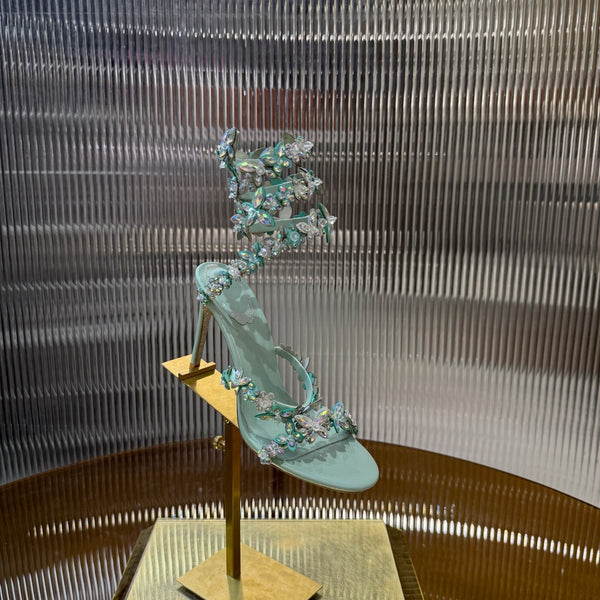 RC 25C Sandali con fiori a farfalla in pelle di pecora verde con strass 310659