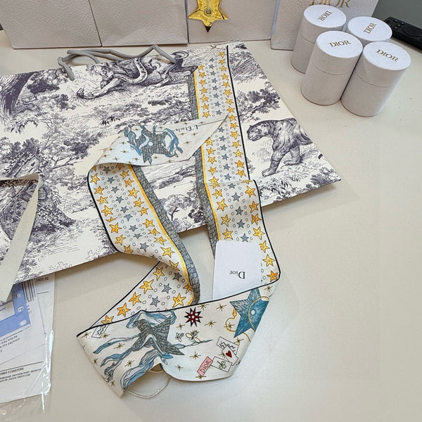 CD Twilly Mini Scarf 105cm Tarot Card White Yellow Mulberry Silk 928083