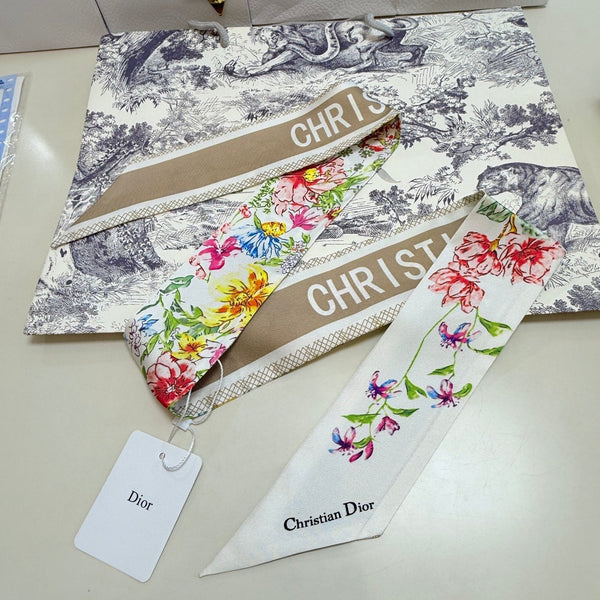 CD Twilly Mini Scarf 100cm Beige Colorful Mulberry Silk 958858