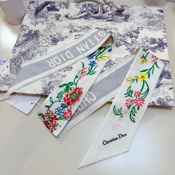 CD Twilly Mini Scarf 100cm White Colorful Mulberry Silk 958860
