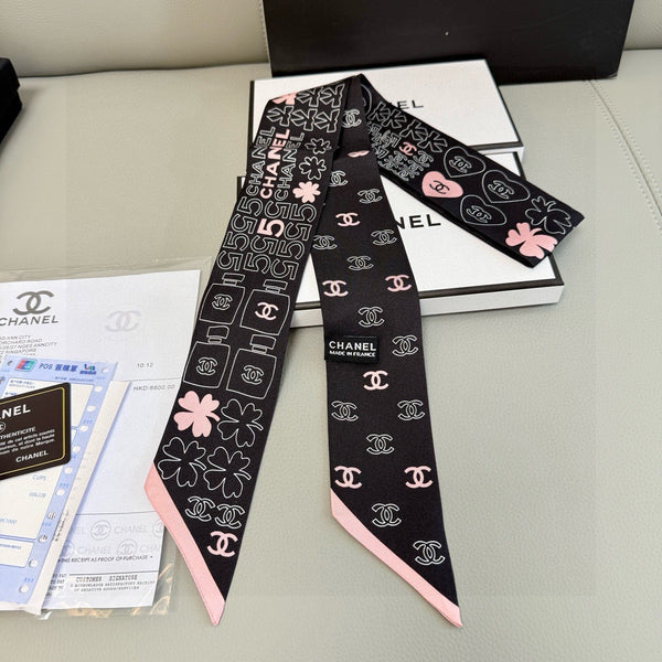 Foulard CC Twilly Mini 120cm Soie de mûrier noire et rose 968852