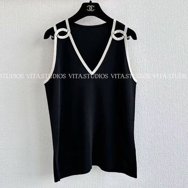 CC 2026 Color-blocked V-neck Knit Vest Soie Silk 377548
