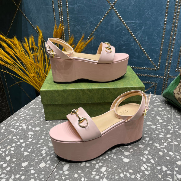 SANDALO FLATFORM GG HORSEBIT IN PELLE DI VITELLO ROSA PASTELLO