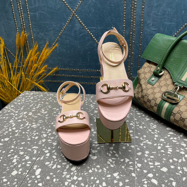 SANDALO FLATFORM GG HORSEBIT IN PELLE DI VITELLO ROSA PASTELLO