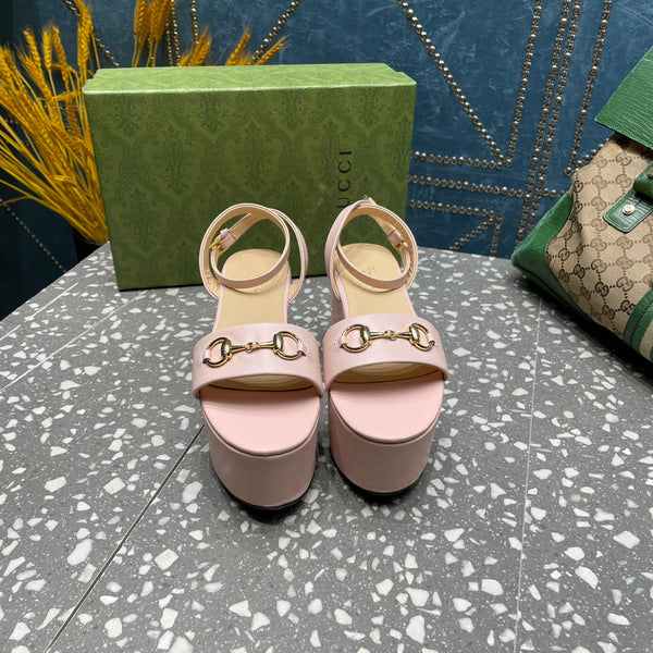 SANDALO FLATFORM GG HORSEBIT IN PELLE DI VITELLO ROSA PASTELLO