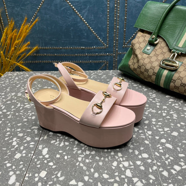 SANDALO FLATFORM GG HORSEBIT IN PELLE DI VITELLO ROSA PASTELLO