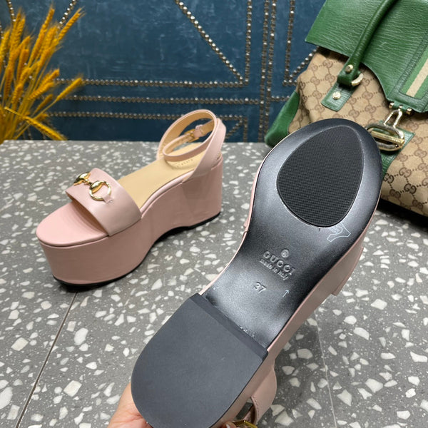 SANDALO FLATFORM GG HORSEBIT IN PELLE DI VITELLO ROSA PASTELLO