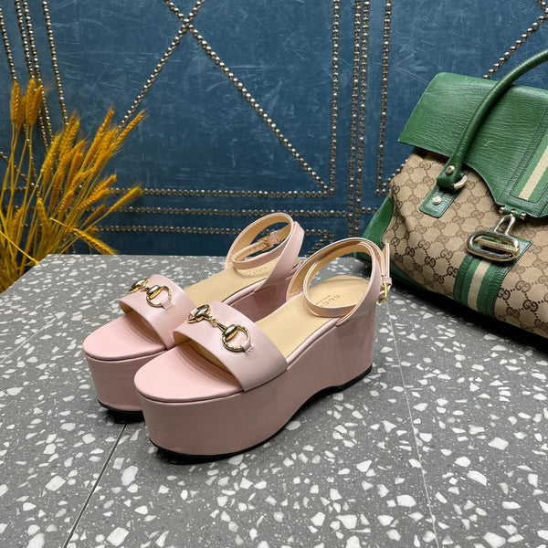 SANDALO FLATFORM GG HORSEBIT IN PELLE DI VITELLO ROSA PASTELLO