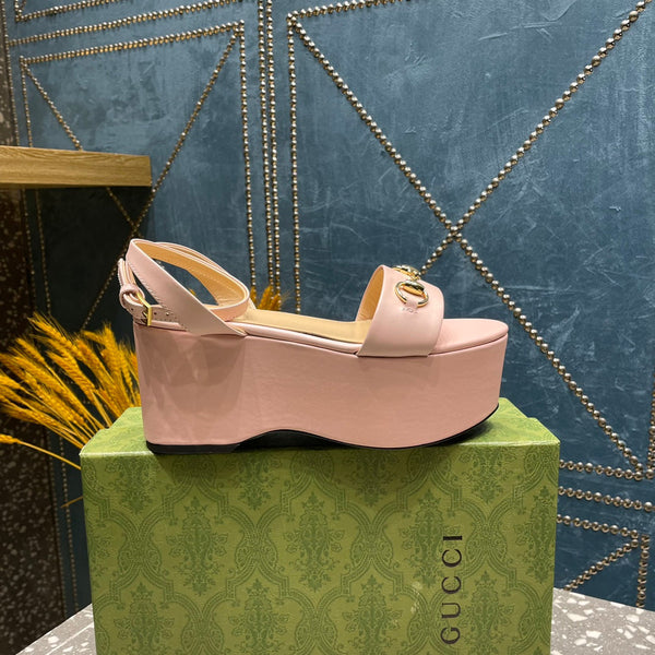 SANDALO FLATFORM GG HORSEBIT IN PELLE DI VITELLO ROSA PASTELLO