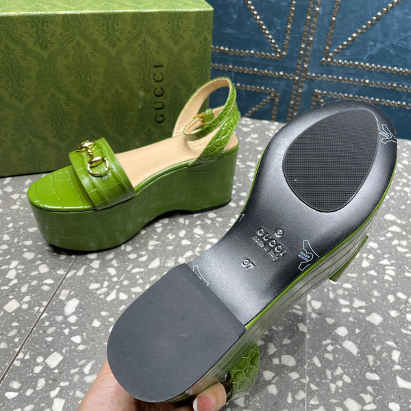 GG HORSEBIT FLATFORM SANDAL GREEN CALFSKIN